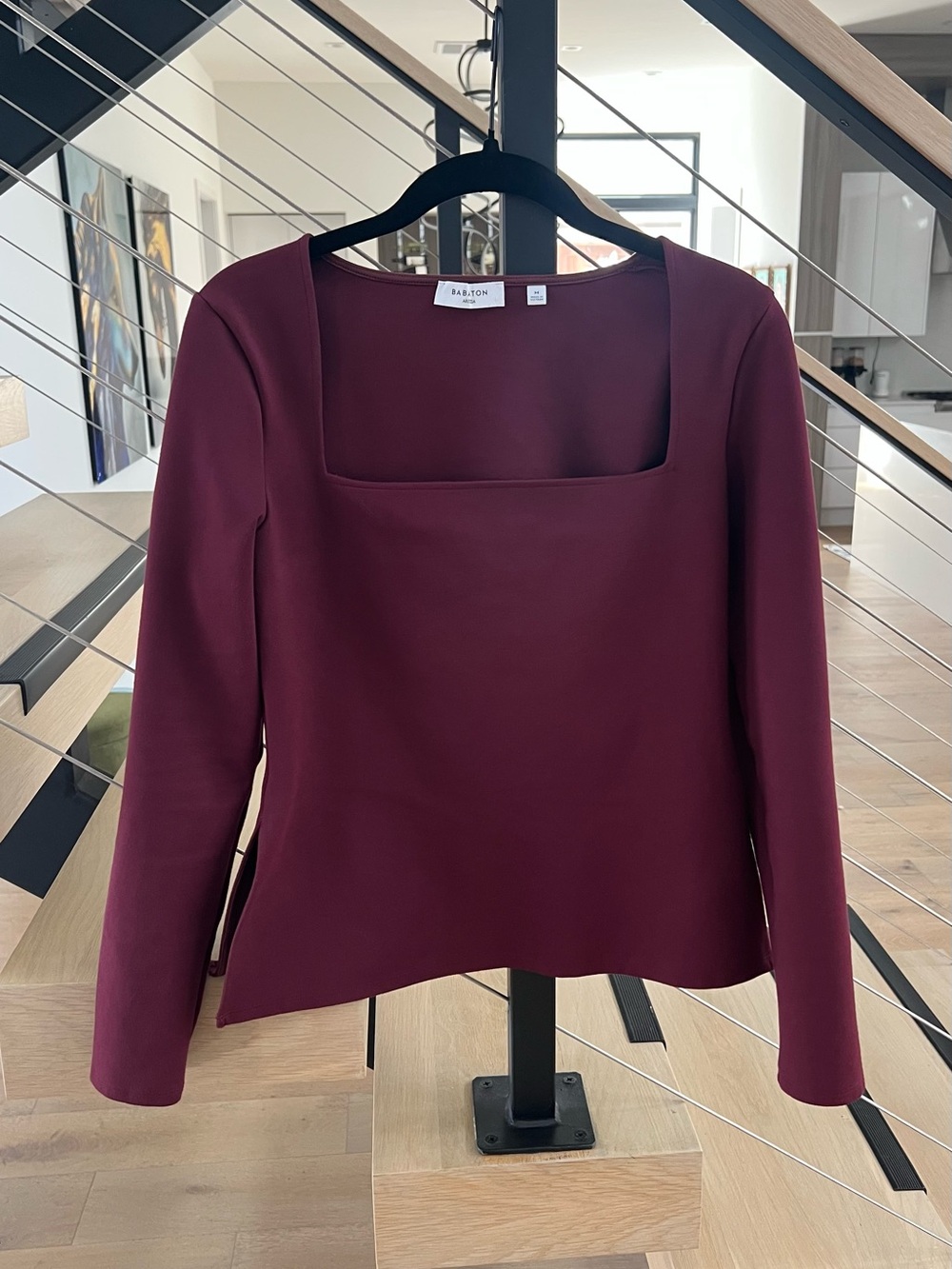 Aritzia Babaton Maroon Square-Neck Long-Sleeve Top with slits on the side